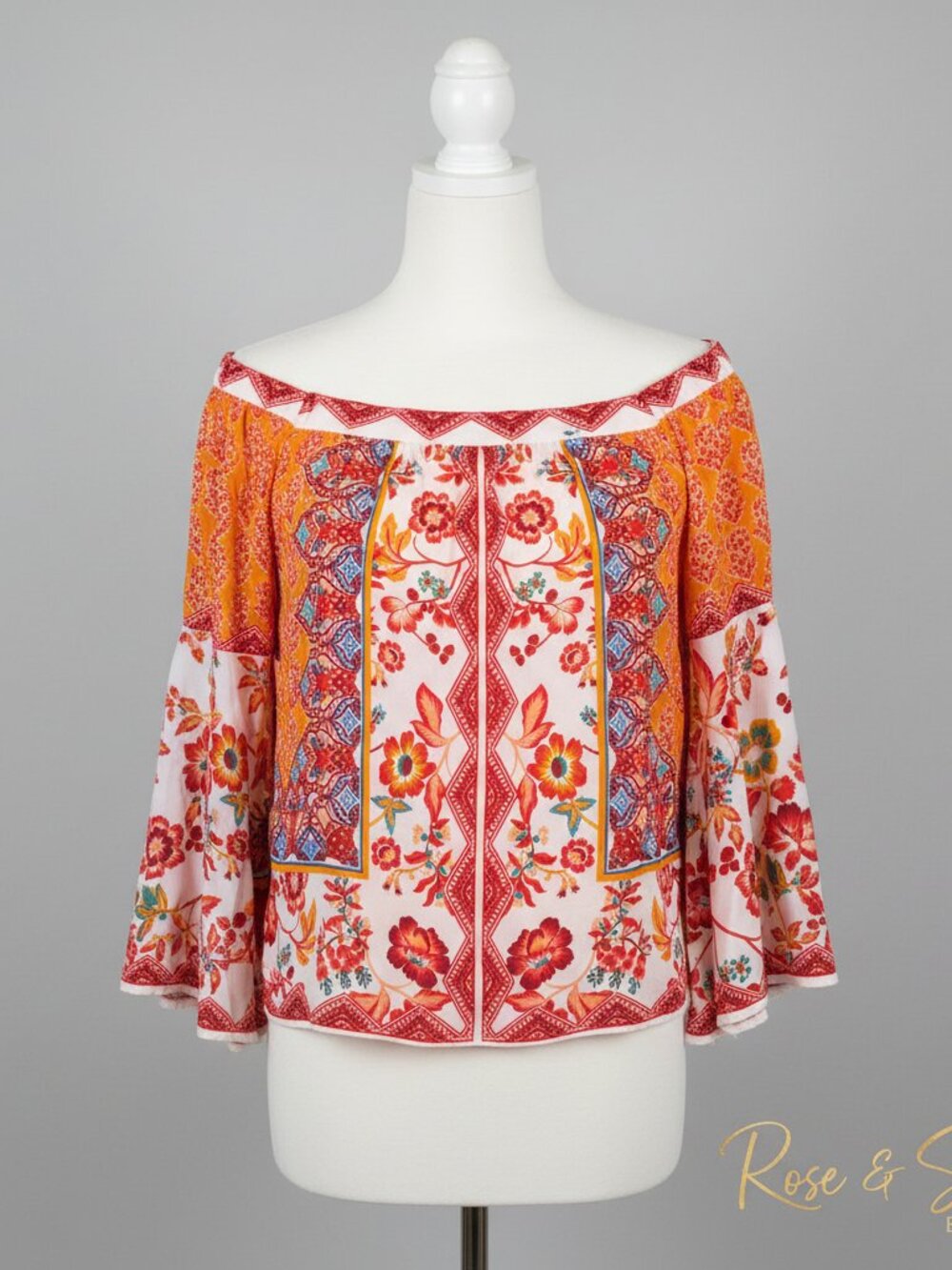 🌺 Flying Tomato Off-Shoulder Flutter Blouse | Crimson Marigold Floral Boho